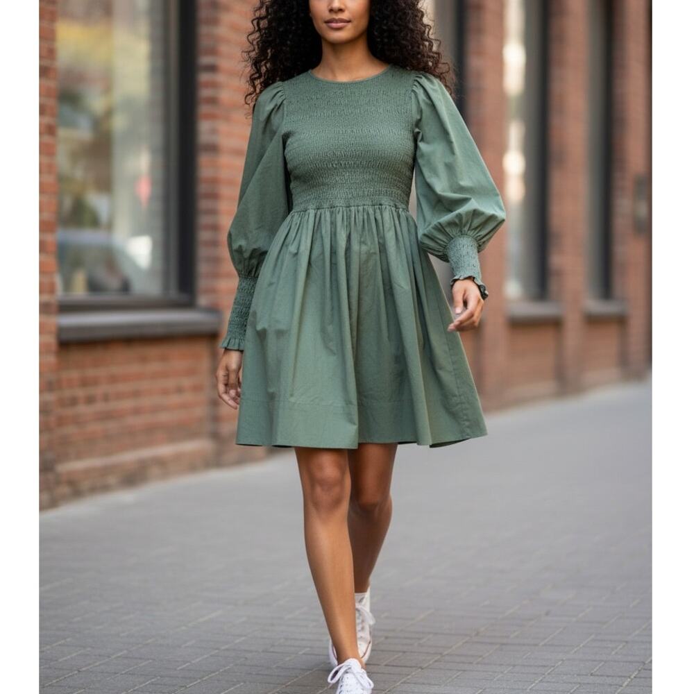 ASOS DESIGN mini skater dress shirred bodice- cuffs- khaki Sz. 8